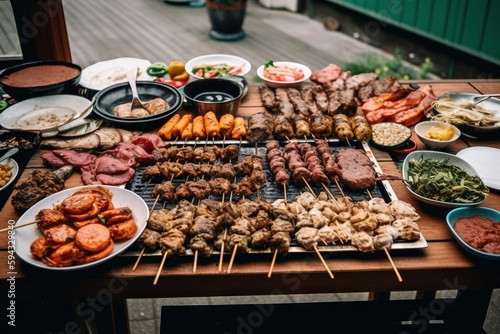  a wooden table topped with lots of food and veggies on skewered skewered skewered skewered skewers. generative ai