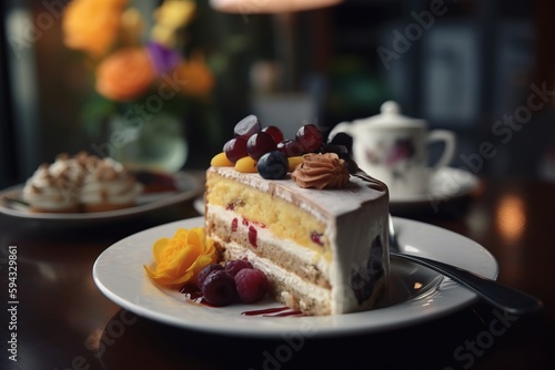  a piece of cake with fruit on top of it on a plate with a fork and a cup of coffee in the background on a table.  generative ai