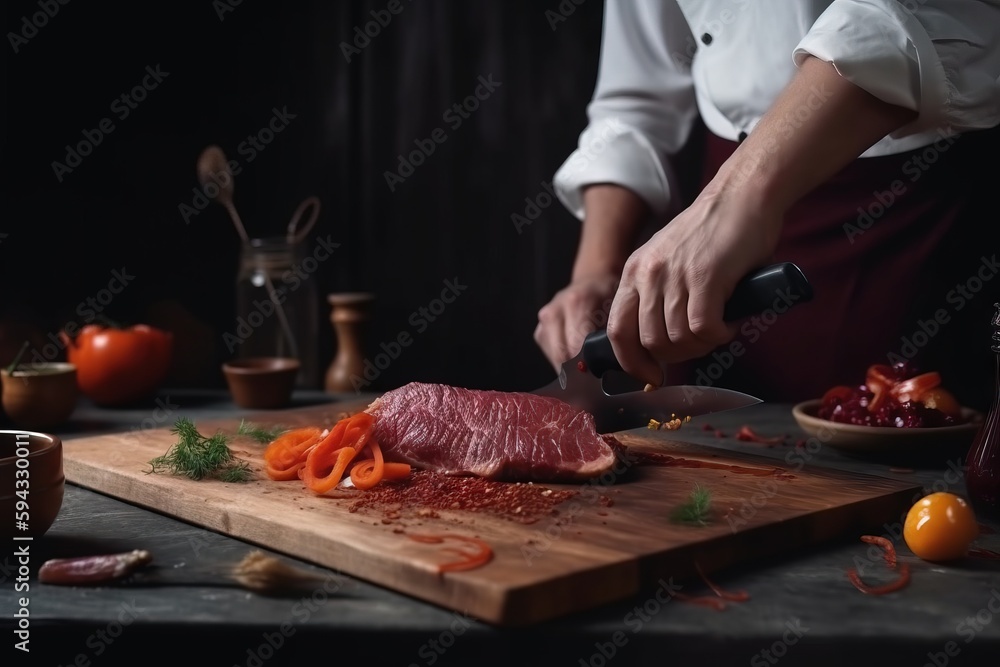 a person cutting meat on a cutting board with a knife and some vegetables on a table next to a bowl of tomatoes and a jar of wine.  generative ai