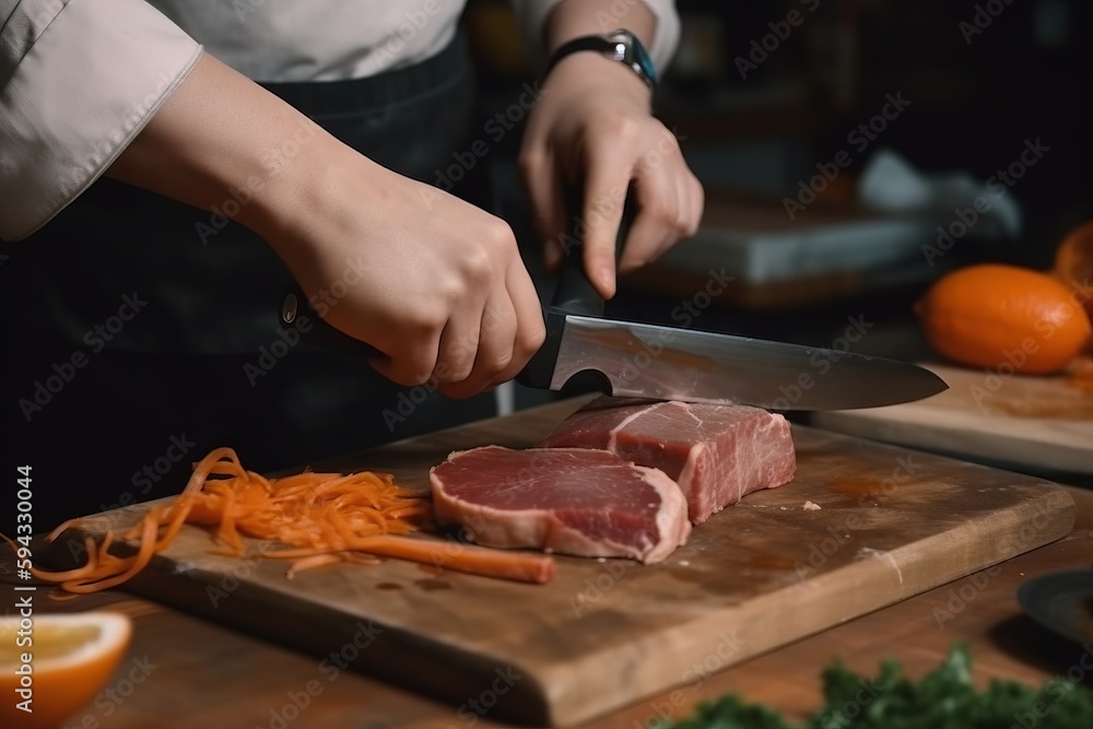  a person cutting meat on a cutting board with a knife and carrots on the side of the cutting board and another person in the background.  generative ai