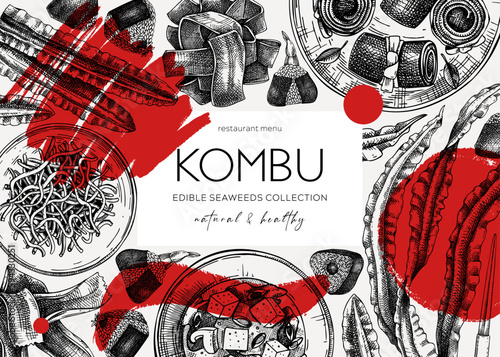 Collage-style Kombu banner design. Edible seaweed drawings. Hand-drawn sea vegetable illustrations. Healthy food vector background. Japanese cuisine trendy restaurant menu template