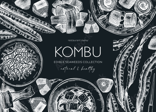 Hand-drawn Kombu banner design. Edible seaweed drawings on chalkboard. Sea vegetable illustrations. Healthy food vector background. Japanese cuisine. Trendy restaurant menu template