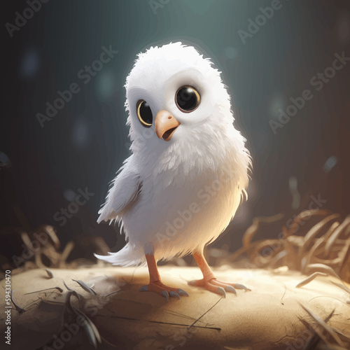 Adorable White chick. Cute little cartoon bird with big eyes in the forest. Fairy tale character. Fantasy petite bird. 3D illustration