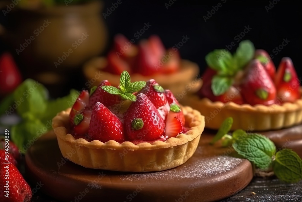 a close up of a pastry with strawberries on top of it and mint leaves on the top of the crust and on the bottom of the crust. generative ai a close up of a pastry with strawberries on top of it and mint leaves on the top of the crust and on the bottom of the crust. generative ai