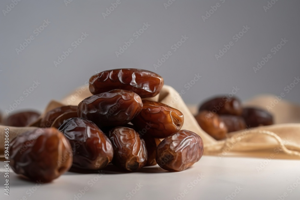 a pile of dates sitting on top of a white table next to a bag of raisins on a tablecloth covered tablecloth. generative ai a pile of dates sitting on top of a white table next to a bag of raisins on a tablecloth covered tablecloth. generative ai