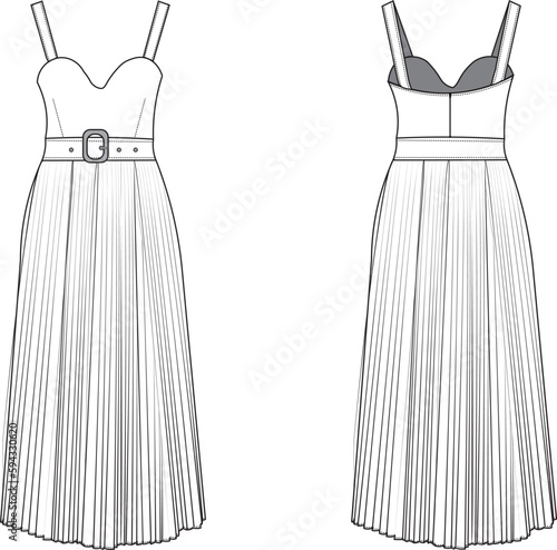 accordion pleated belted strap dress flat drawing fashion technical drawing fashion cad mockup
