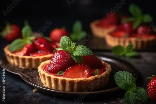  a couple of small tarts with strawberries on top of them on a plate with mint leaves on top of them and a few more tarts on the side.  generative ai