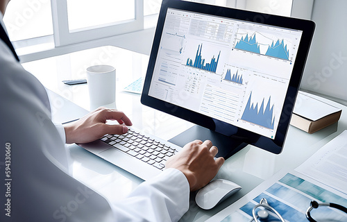Doctor working on modern computer, medical analysis. Medical concept. Generative AI