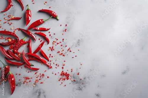  a pile of red peppers on a white counter top with red chili flakes on the counter top and on the floor next to them is a pile of red chili flakes.  generative ai