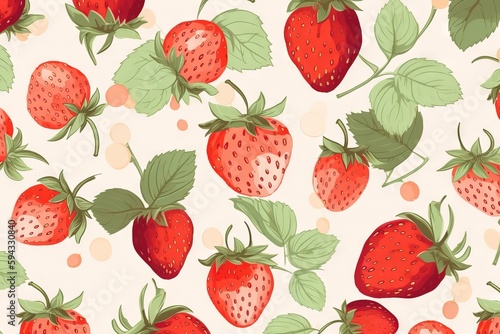  a pattern of strawberries with leaves on a white background with polka dotes and circles in the center of the pattern is a strawberry with green leaves on a white background. generative ai