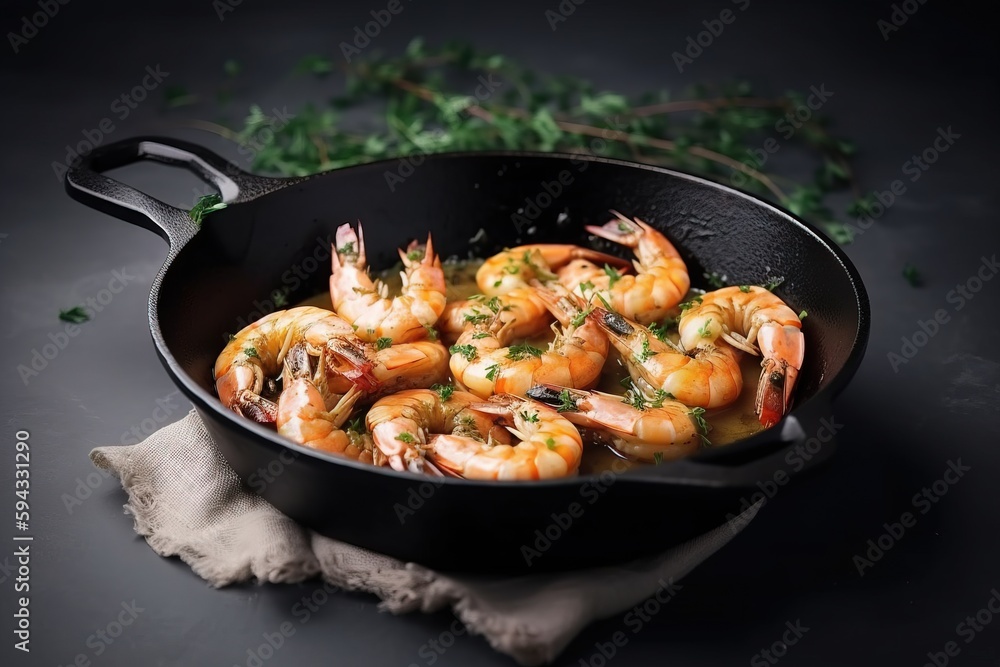 a skillet filled with cooked shrimp and garnished with parsley on a napkin next to a sprig of parsley. generative ai a skillet filled with cooked shrimp and garnished with parsley on a napkin next to a sprig of parsley. generative ai