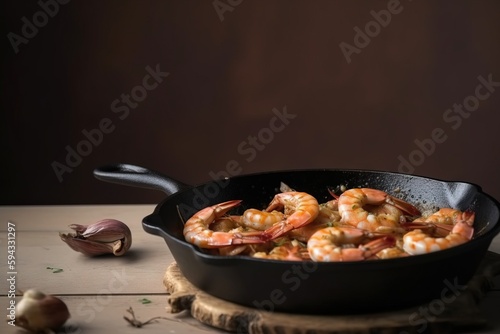  a skillet with shrimp and garlic on a wooden table next to garlic and garlic cloves on a wooden board with a dark background.  generative ai