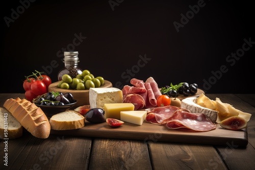  a wooden cutting board topped with lots of different types of cheeses and meats on top of a wooden table next to a bottle of olives and olives. generative ai