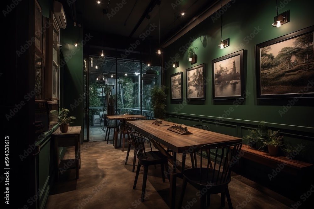 a dimly lit restaurant with green walls and pictures on the wall and a wooden table with chairs and a potted plant on the table. generative ai a dimly lit restaurant with green walls and pictures on the wall and a wooden table with chairs and a potted plant on the table. generative ai