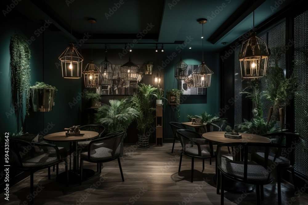  a dimly lit restaurant with green walls and wooden tables and chairs and hanging plants on the wall and a green wall behind the tables and chairs.  generative ai