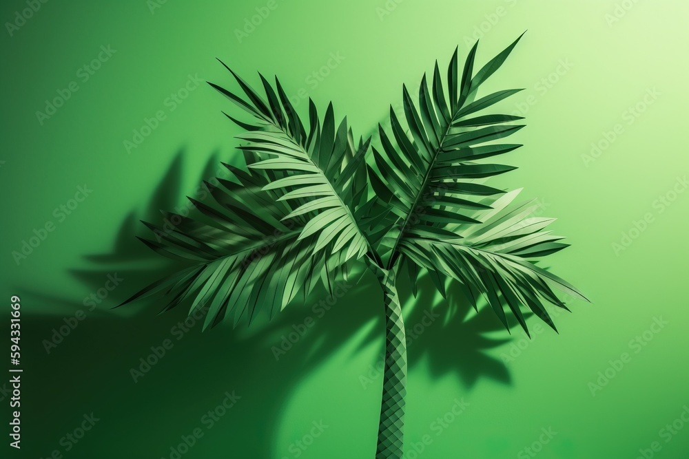 a palm tree casts a shadow on a green wall with a shadow of a palm tree on the right side of the image, with a green background. generative ai a palm tree casts a shadow on a green wall with a shadow of a palm tree on the right side of the image, with a green background. generative ai