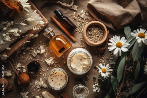  a table topped with jars filled with different types of skin care products and flowers on top of a table next to a bag of seeds. generative ai