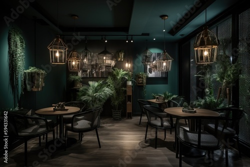  a dimly lit restaurant with green walls and wooden tables and chairs and hanging plants on the wall and a green wall behind the tables and chairs. generative ai