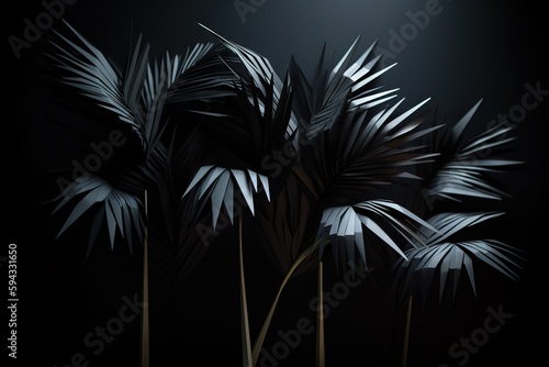  a black and white photo of palm trees in the dark night sky with a full moon in the distance behind it and a black background.  generative ai