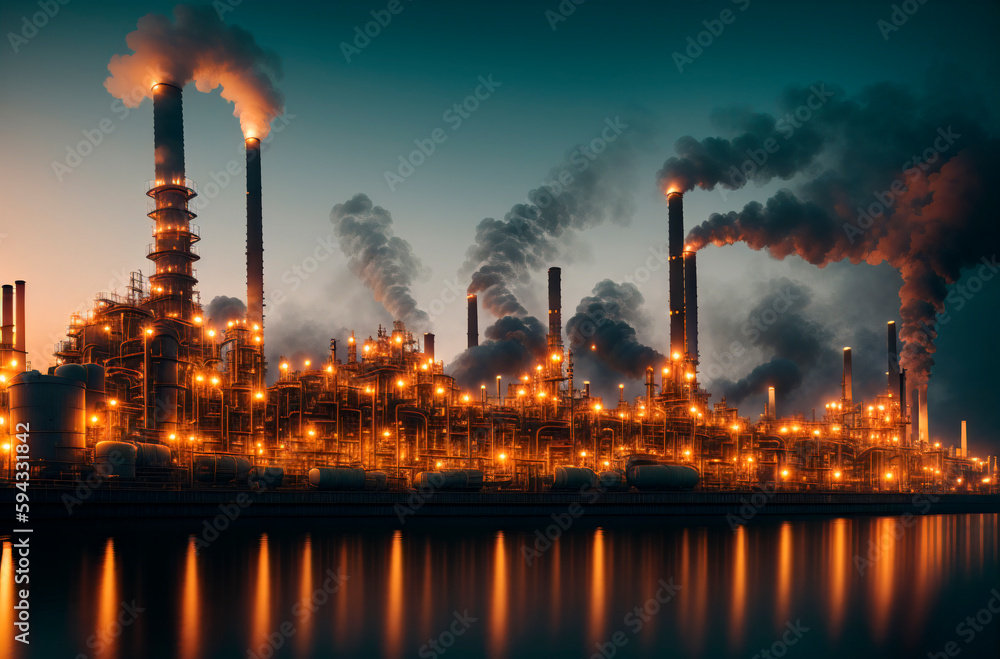 Factory. Industrial enterprise. Concept of environmental pollution. Generative AI.