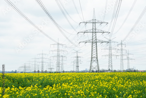 A lot of high-voltage power line, transmission tower overhead line masts, high voltage pylons as power pylons on the fields.