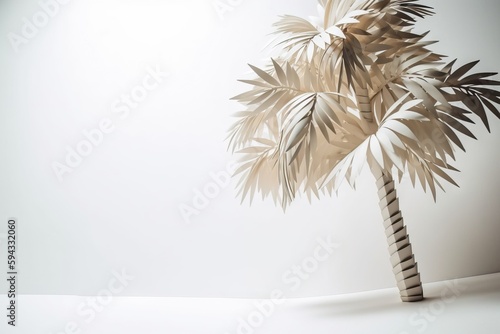  a palm tree is shown in a white room with a white wall behind it and a black and white striped vase in the foreground. generative ai