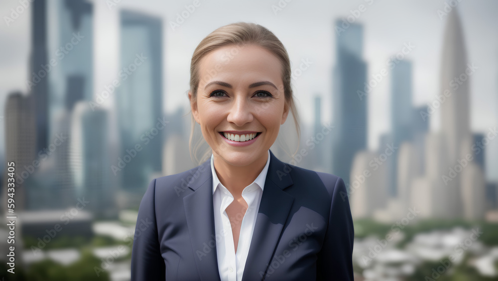 Portrait of happy elegant lawyer with blond hair in grey suit on blurred city skyscrapers background. Copy space. Business concept. Generative AI Portrait of happy elegant lawyer with blond hair in grey suit on blurred city skyscrapers background. Copy space. Business concept. Generative AI