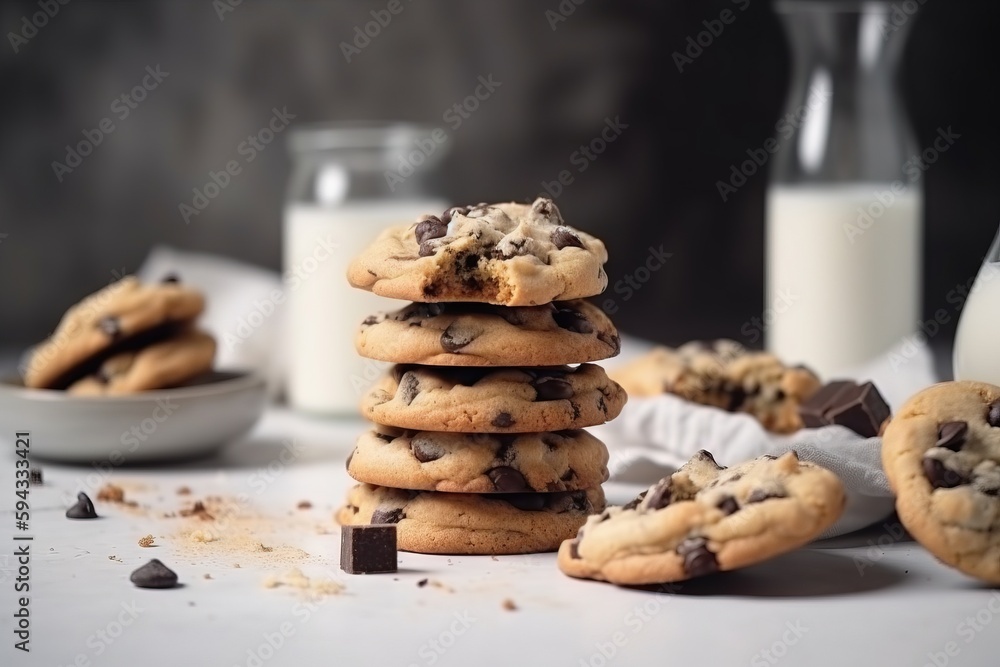 a stack of chocolate chip cookies next to a glass of milk and a bowl of chocolate chips on a white tablecloth with a glass of milk in the background. generative ai a stack of chocolate chip cookies next to a glass of milk and a bowl of chocolate chips on a white tablecloth with a glass of milk in the background. generative ai