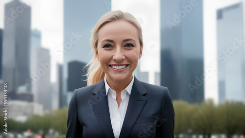 Portrait of happy businesswoman with blond hair in grey suit on blurred city background. Copy space. Business concept. Generative AI