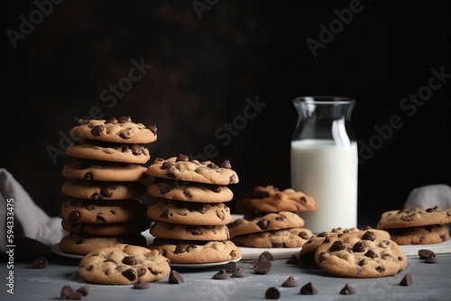  a stack of chocolate chip cookies next to a glass of milk and a bottle of milk on a gray tablecloth with scattered chocolate chips. generative ai