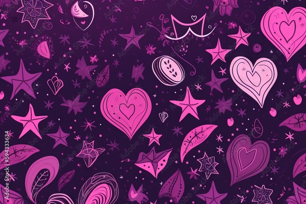  a purple and pink background with hearts, stars, and other things in the sky on a dark background with stars and shapes in the sky.  generative ai