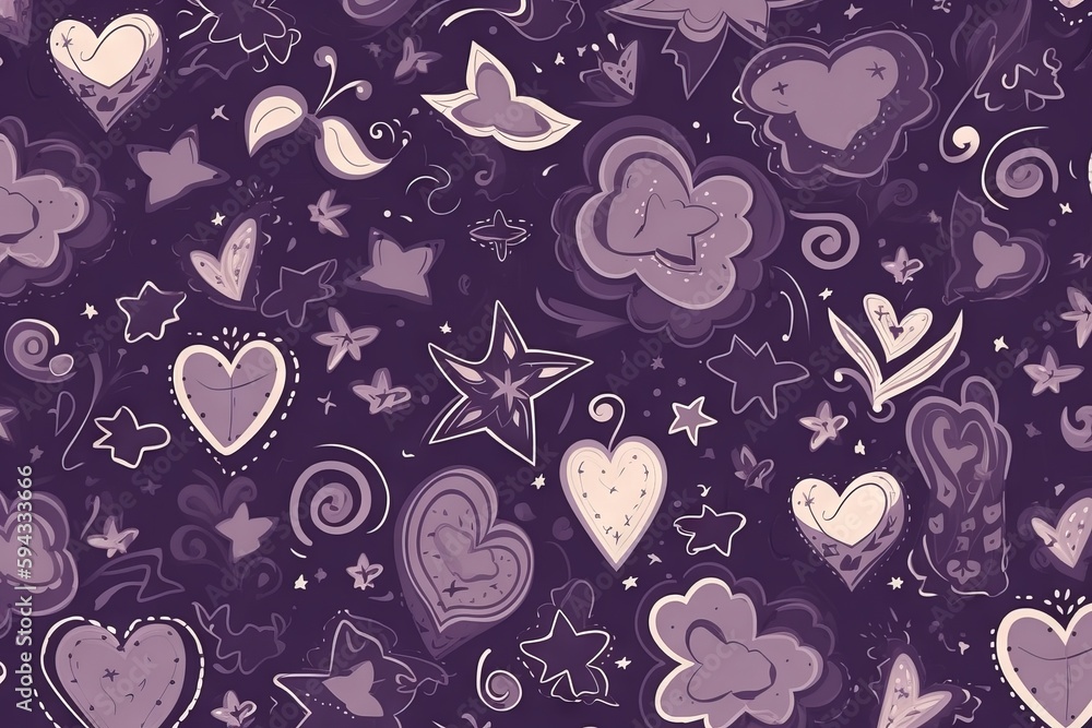 a bunch of hearts and stars on a purple background with stars and swirls in the middle of the hearts and stars on the sides of the hearts. generative ai a bunch of hearts and stars on a purple background with stars and swirls in the middle of the hearts and stars on the sides of the hearts. generative ai