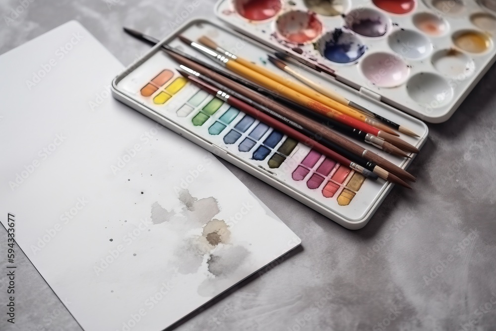 a box of watercolors and a palette of watercolors on a table with a white sheet of paper next to it and a pair of paintbrushes. generative ai a box of watercolors and a palette of watercolors on a table with a white sheet of paper next to it and a pair of paintbrushes. generative ai