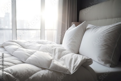  a bed with a white comforter and pillows in a room with a window and a cityscape in the background with sunlight coming through the window. generative ai
