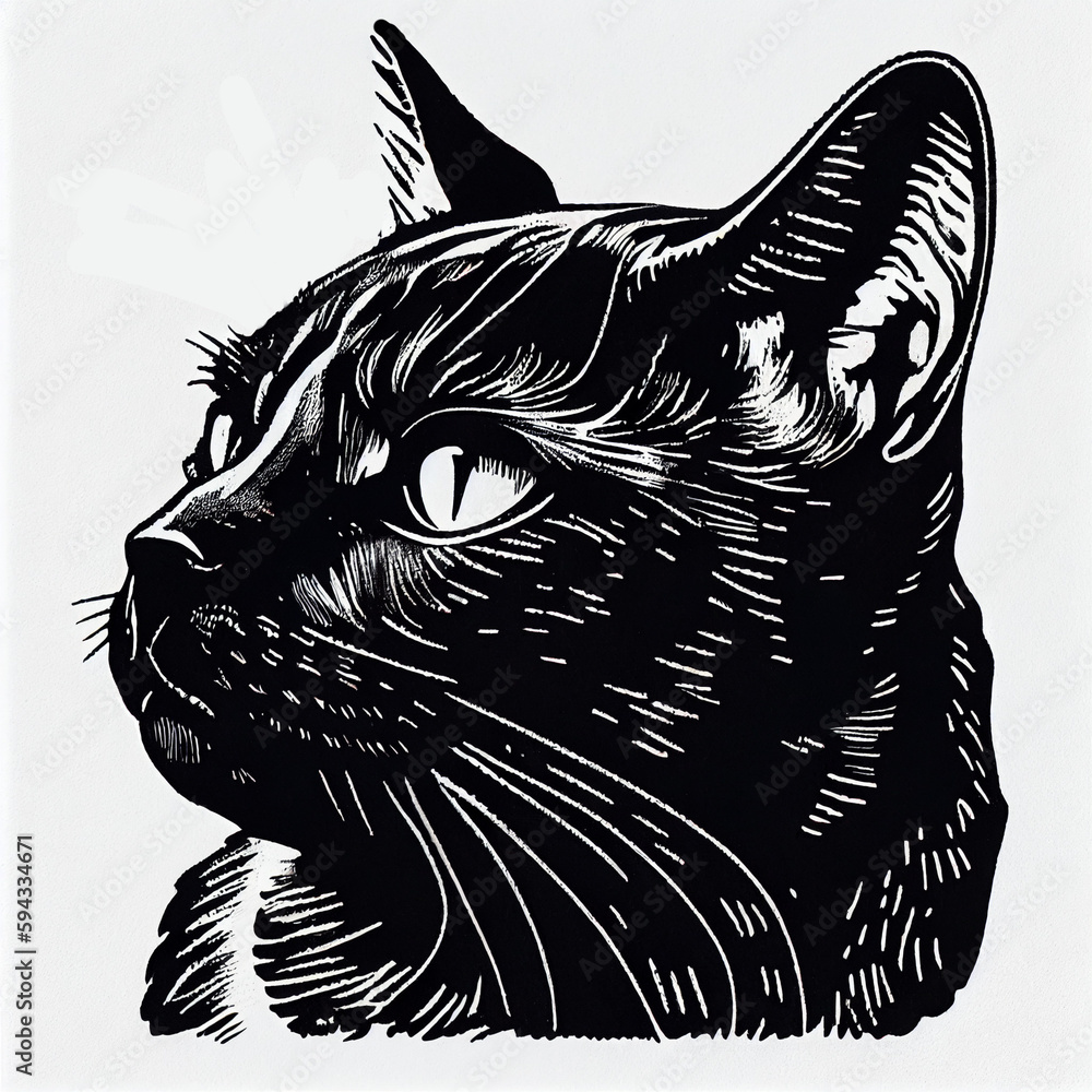 Bombay Cat portrait illustration, detailed black and white art, created ...