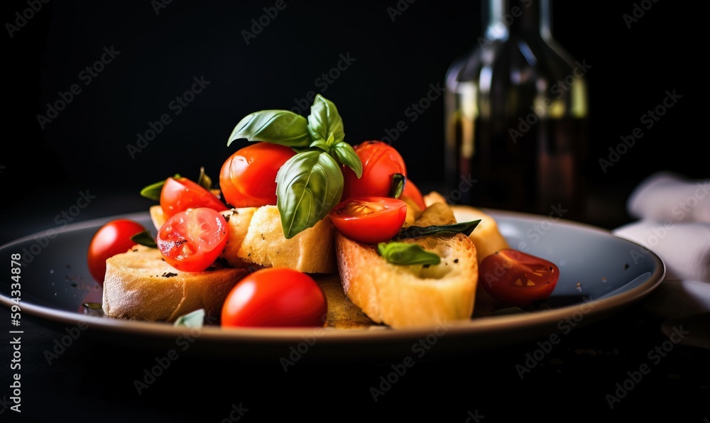  a plate of food with tomatoes, bread, and basil on it next to a bottle of wine and a napkin on the table in the background.  generative ai
