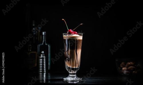  a tall glass filled with liquid and a cherry on top of a table next to a bottle of liquor and a bottle of liquor on a black background. generative ai