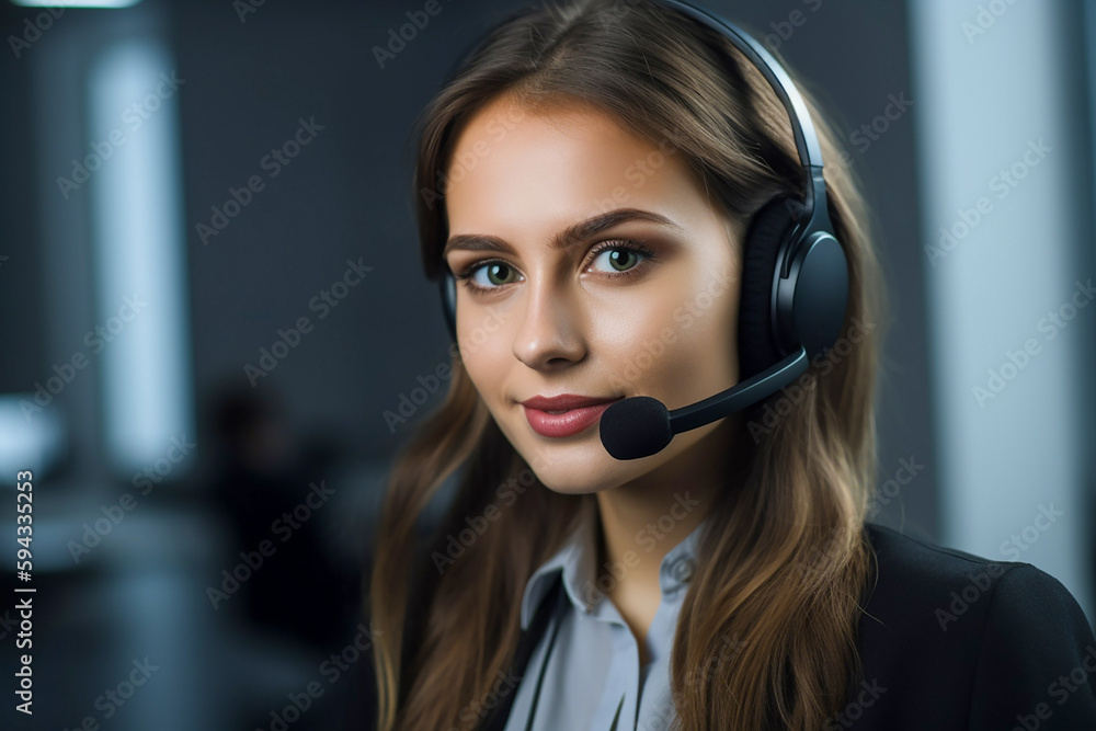 Beautiful young brunette girl working as a call-center operator, copyspace. Generative AI Beautiful young brunette girl working as a call-center operator, copyspace. Generative AI
