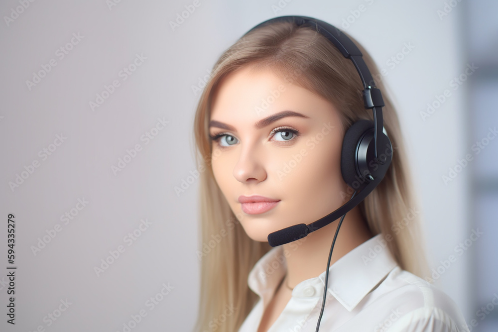 Beautiful young woman working as a call-center operator, copyspace. Generative AI Beautiful young woman working as a call-center operator, copyspace. Generative AI