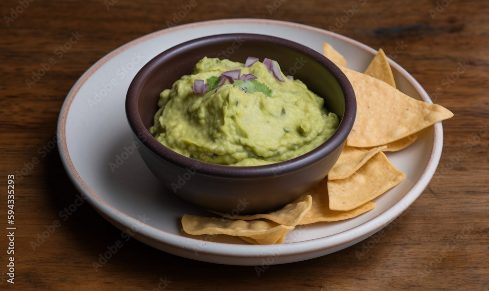 a bowl of guacamole and tortilla chips on a plate on a wooden table with a wooden table in the background. generative ai a bowl of guacamole and tortilla chips on a plate on a wooden table with a wooden table in the background. generative ai
