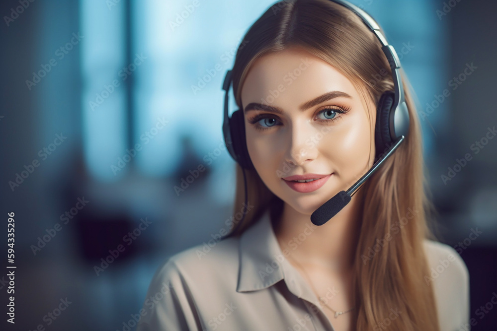 Beautiful young long haired woman working as a call-center operator, copy space. Generative AI Beautiful young long haired woman working as a call-center operator, copy space. Generative AI