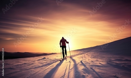  a person cross country skiing across a snow covered slope at sunset or dawn with the sun setting behind them and the clouds in the sky. generative ai