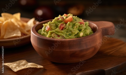  a bowl of guacamole and chips on a wooden tray with a plate of chips in the background and a bowl of chips on the table.  generative ai