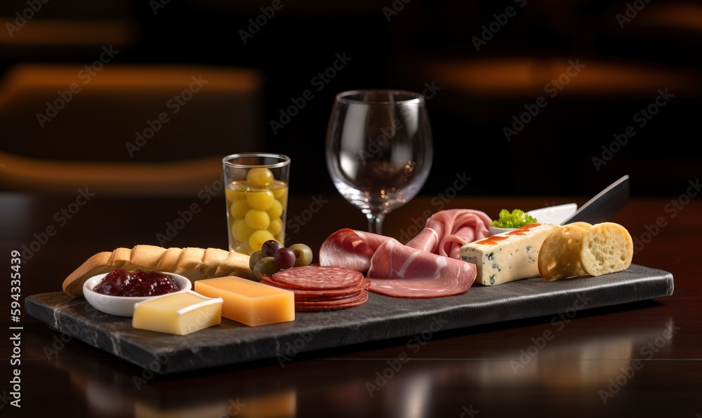  a plate of food and a glass of wine on a table with a glass of wine and a wine glass on the side of the plate.  generative ai