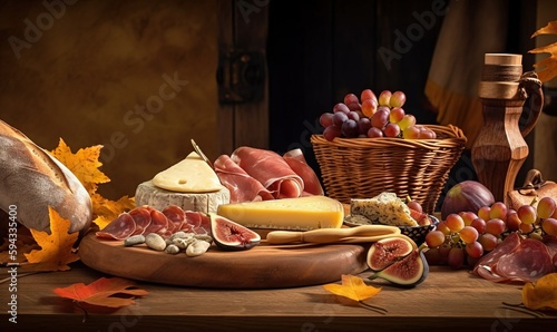  a wooden table topped with lots of different types of cheeses and meats next to a basket of grapes and a bottle of wine. generative ai