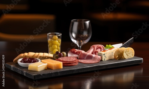  a plate of food and a glass of wine on a table with a glass of wine and a wine glass on the side of the plate. generative ai
