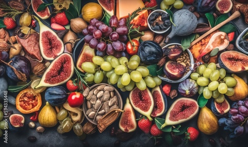  a table topped with lots of different types of fruits and vegetables next to a candle with a lit candle on top of the table next to it. generative ai