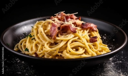  a plate of pasta with bacon and parmesan cheese on a black tablecloth with sprinkled parmesan and parmesan. generative ai