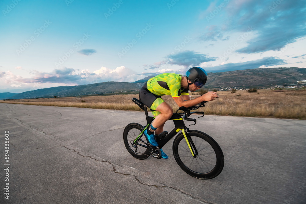 Triathlete riding his bicycle during sunset, preparing for a marathon. The warm colors of the sky provide a beautiful backdrop for his determined and focused effort. Triathlete riding his bicycle during sunset, preparing for a marathon. The warm colors of the sky provide a beautiful backdrop for his determined and focused effort.