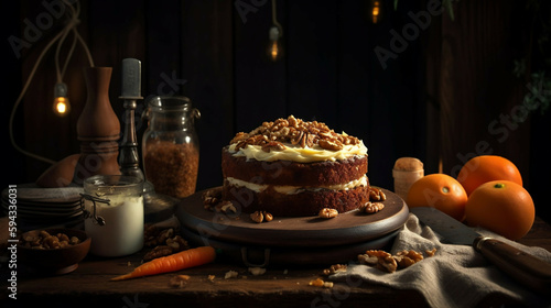 creative colorful carrot birthday cake with candles, new quality stock image food illustration desktop wallpaper design, Generative AI